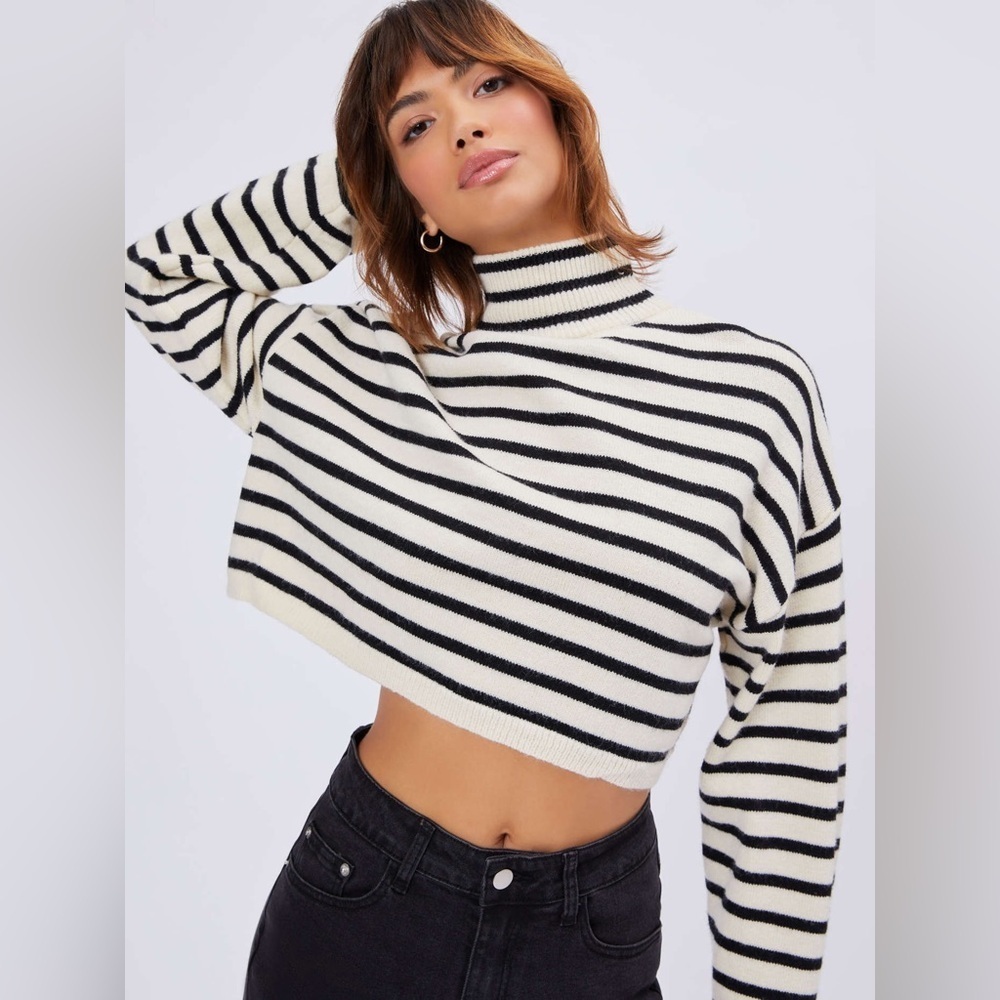 Cider High Neck Striped Cropped Sweater XS